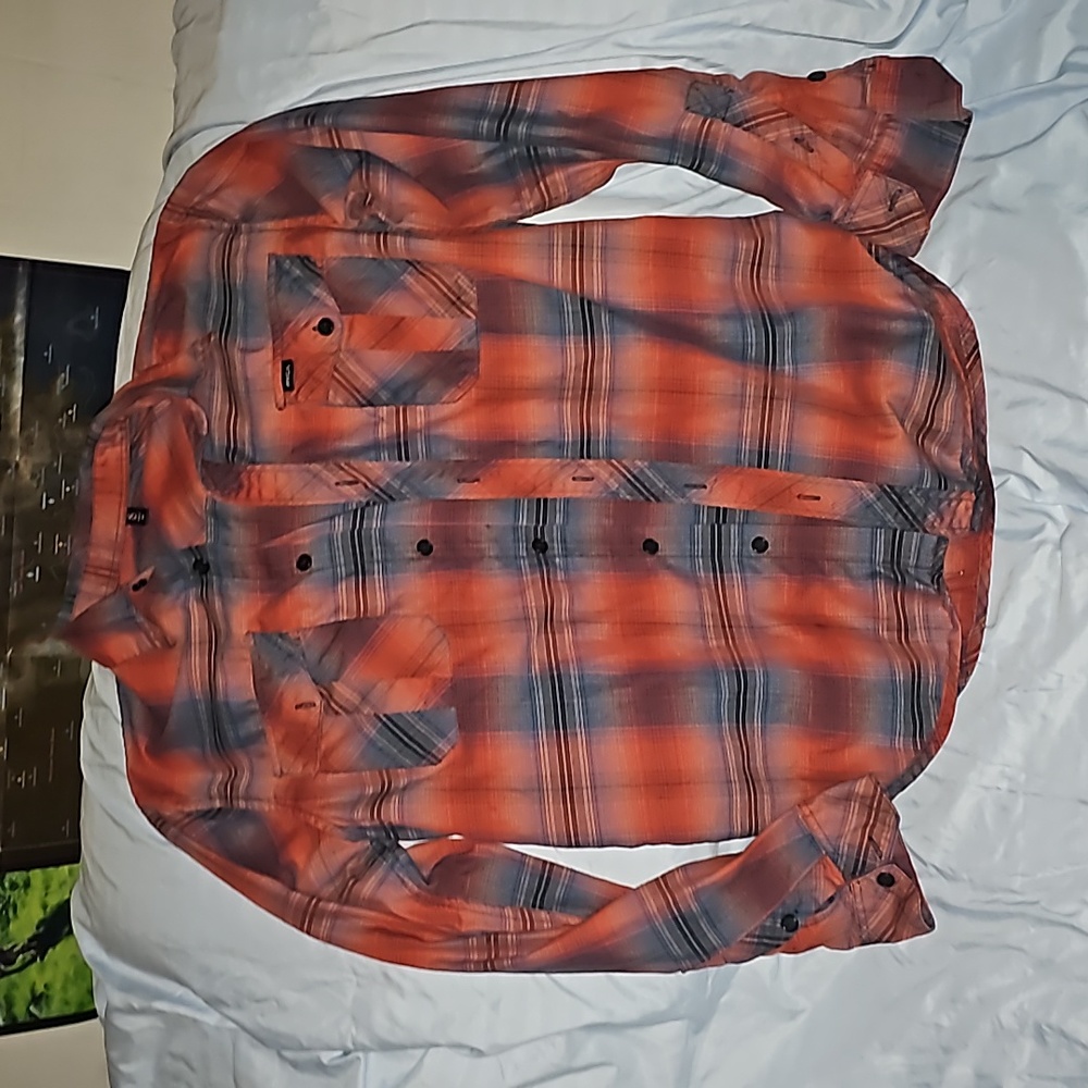 RVCA Mens Shirt Medium Red Blue Plaid Long Sleeve Collared Pockets Regular Fit